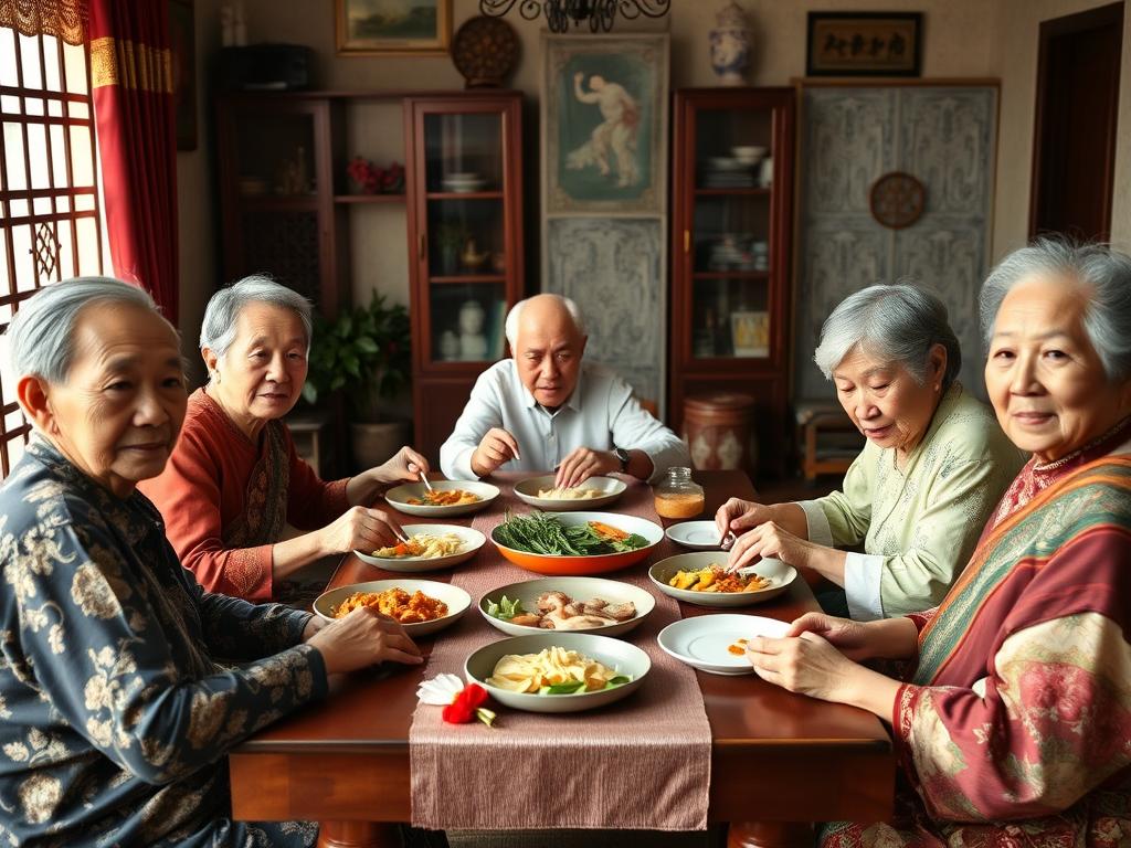 A Vietnamese family dinner showing multi-generational interaction and traditional family values Young travelers in Vietnam