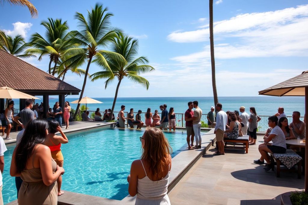 A beach club in Bali where tourists and locals mingle