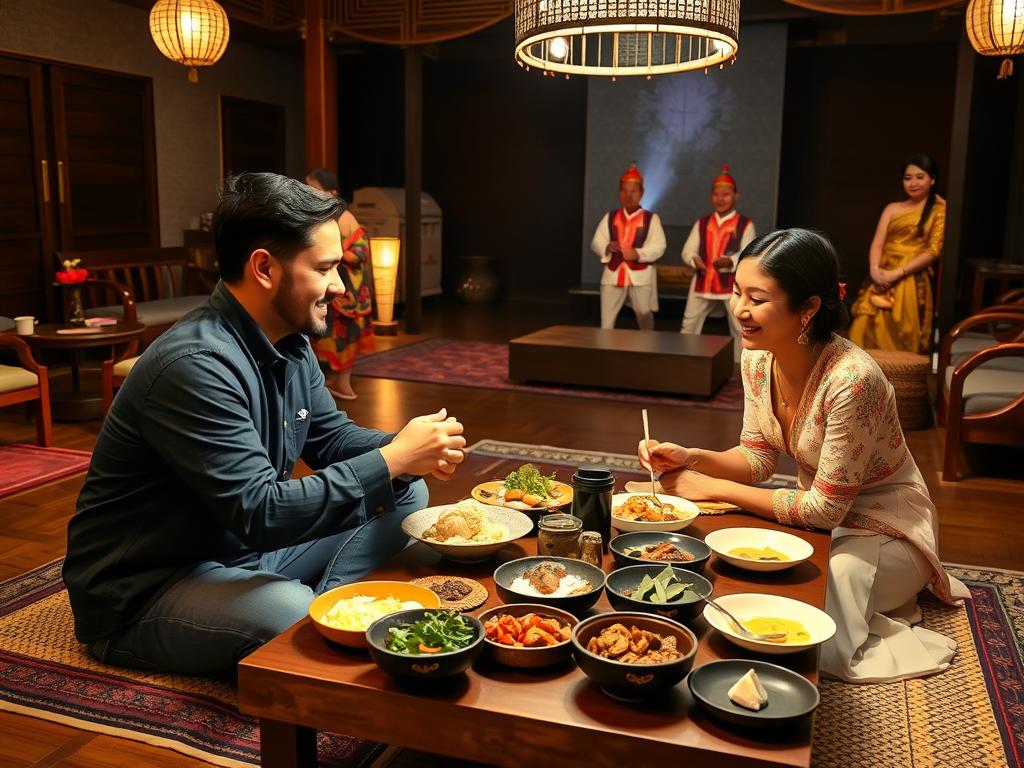 A group enjoying Northern Thai cuisine at a traditional Khantoke dinner in Chiang Mai, showing the cost of travel in Chiang Mai through cultural experiences cost of traveling in chiang mai for young travelers