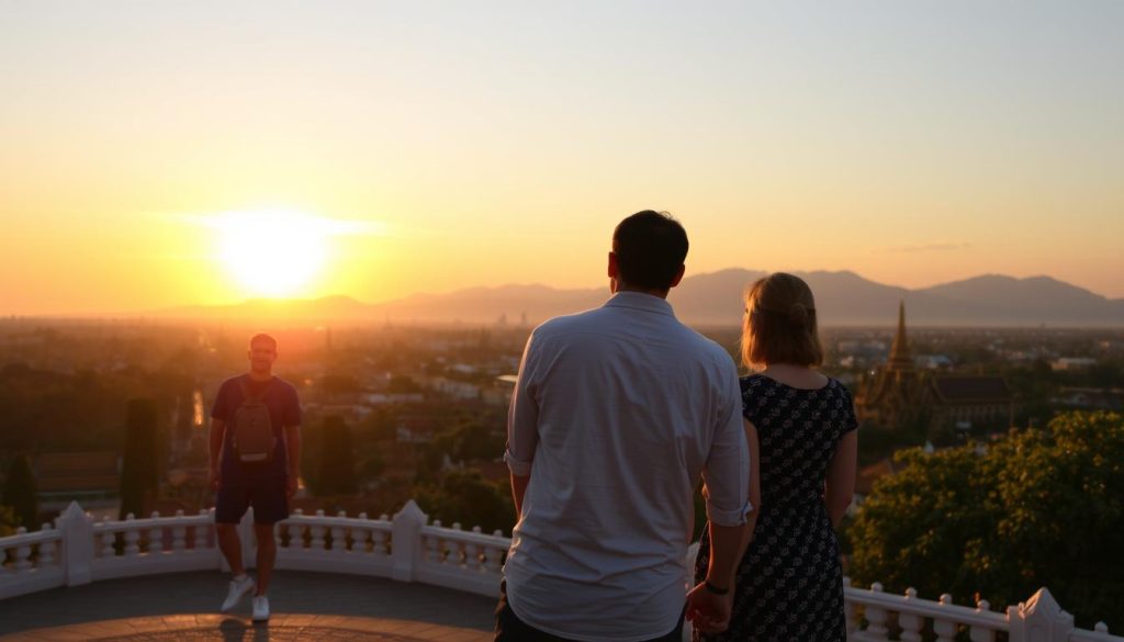 Travelers enjoying a sunset view from Doi Suthep temple overlooking Chiang Mai, representing excursion options Travelers enjoying a sunset view from Doi Suthep temple overlooking Chiang Mai, representing excursion options