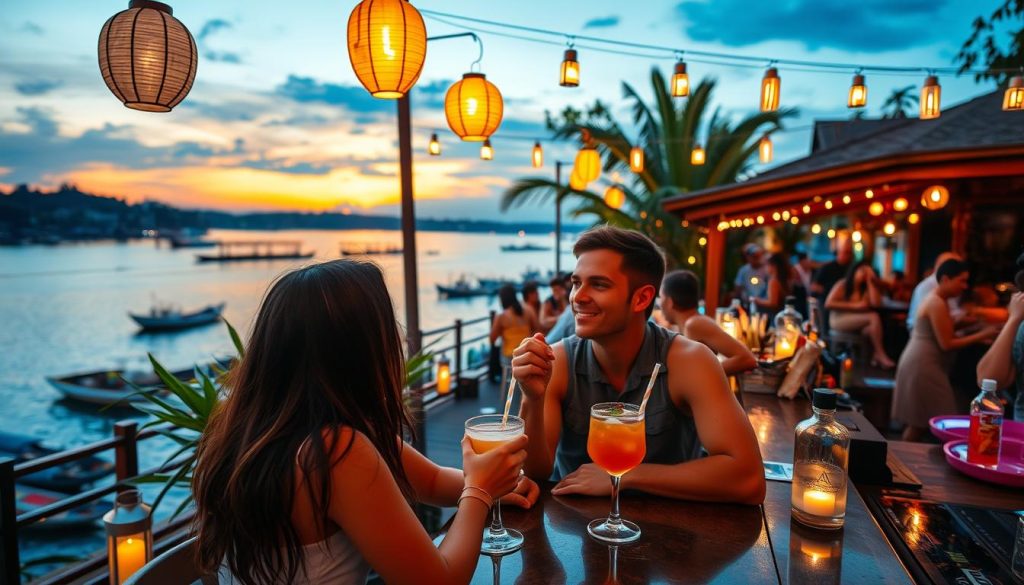 Travelers enjoying drinks at a riverside bar in Chiang Mai at sunset, illustrating nightlife costs of travel in Chiang Mai Travelers enjoying drinks at a riverside bar in Chiang Mai at sunset, illustrating nightlife costs of travel in Chiang Mai