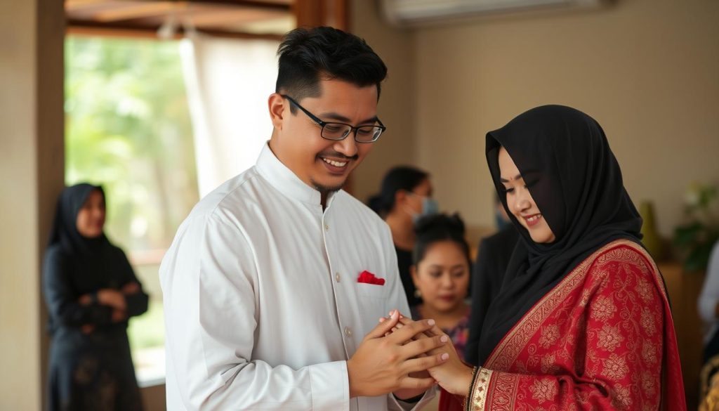A couple participating in a traditional Indonesian ceremony