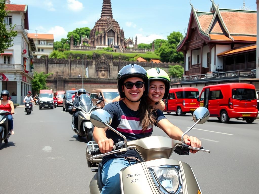 Travelers riding a scooter together exploring Chiang Mai's Old City, showing transportation options Travelers riding a scooter together exploring Chiang Mai's Old City, showing transportation options