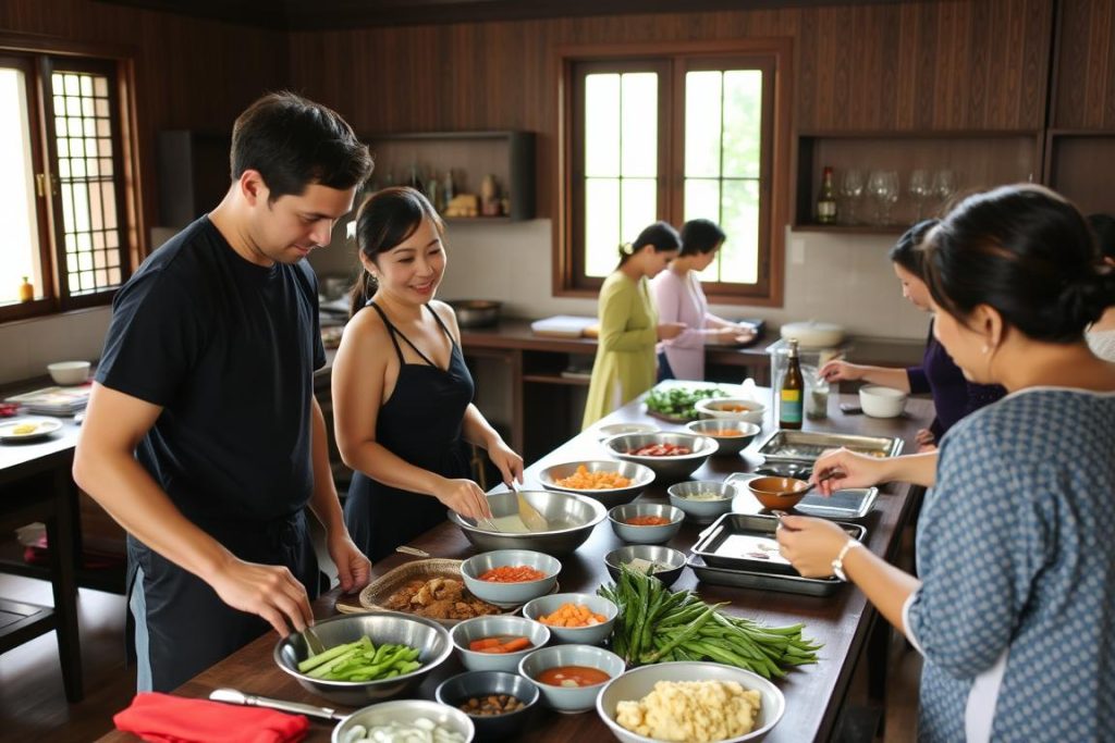Travelers taking a Thai cooking class together in Chiang Mai, learning to make traditional dishes as a travel activity Travelers taking a Thai cooking class together in Chiang Mai, learning to make traditional dishes as a travel activity