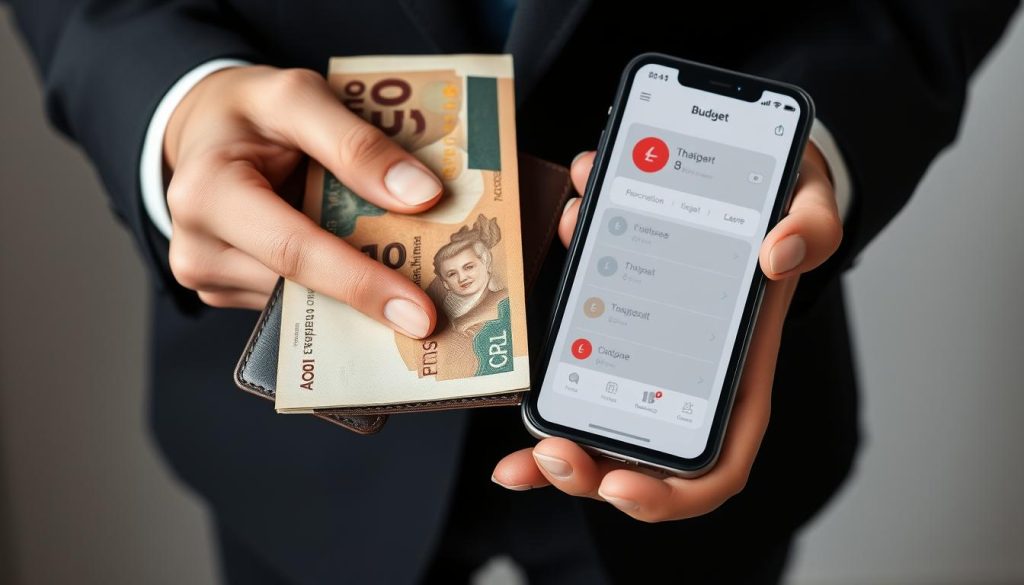A young traveler checking his smartphone for travel budget tips A young traveler checking his smartphone for travel budget tips