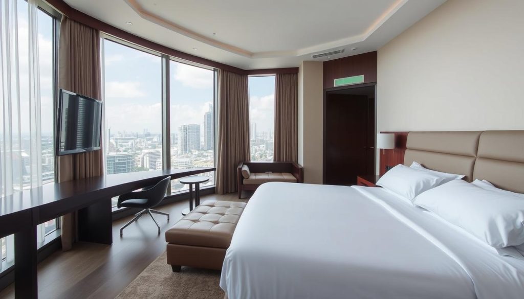 A modern hotel room in Pattaya with city view, representing mid-range accommodation options for travelers A modern hotel room in Pattaya with city view, representing mid-range accommodation options for travelers