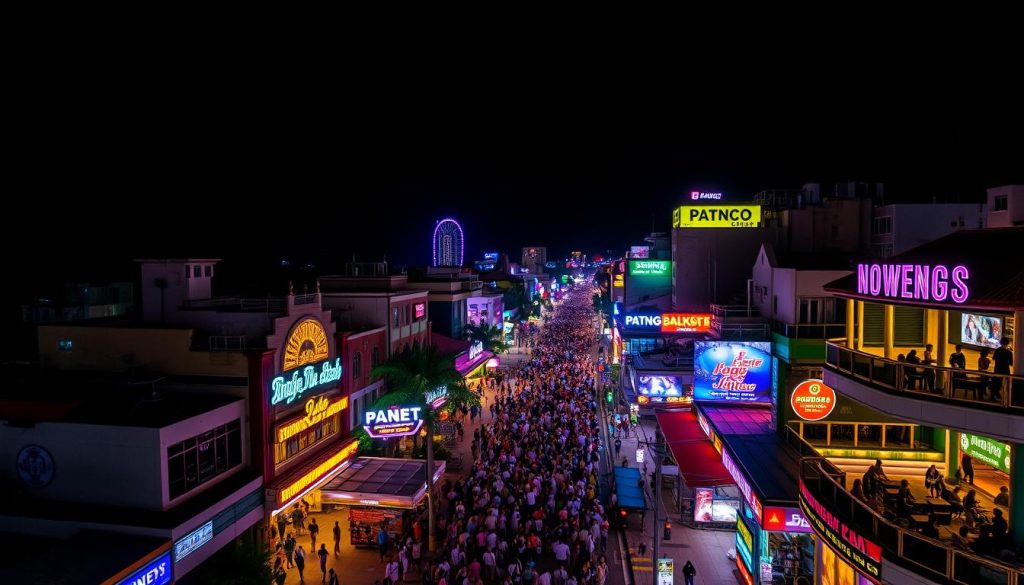 Aerial view of Bangla Road in Phuket at night showing the entire entertainment district lit up Phuket nightlife for young travelers