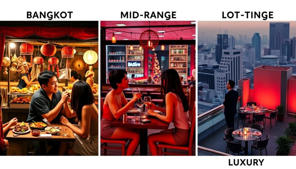 Collage showing different experiences in Bangkok across budget levels