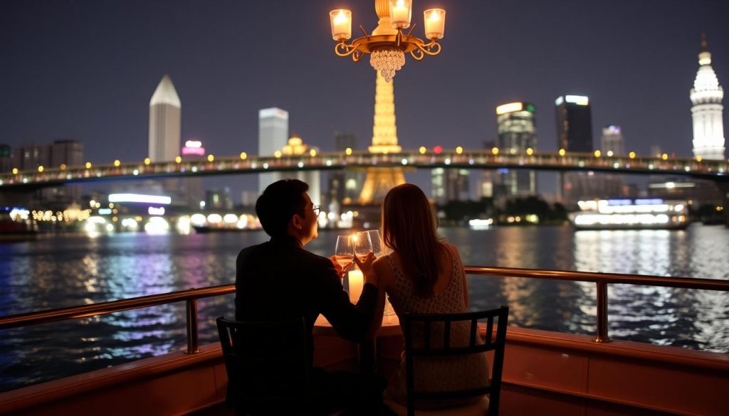 Friends enjoying a dinner cruise on the Chao Phraya River in Bangkok