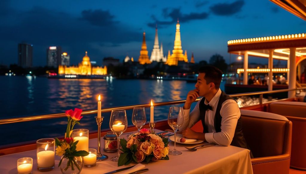 Travelers enjoying dinner cruise on Chao Phraya river in Bangkok