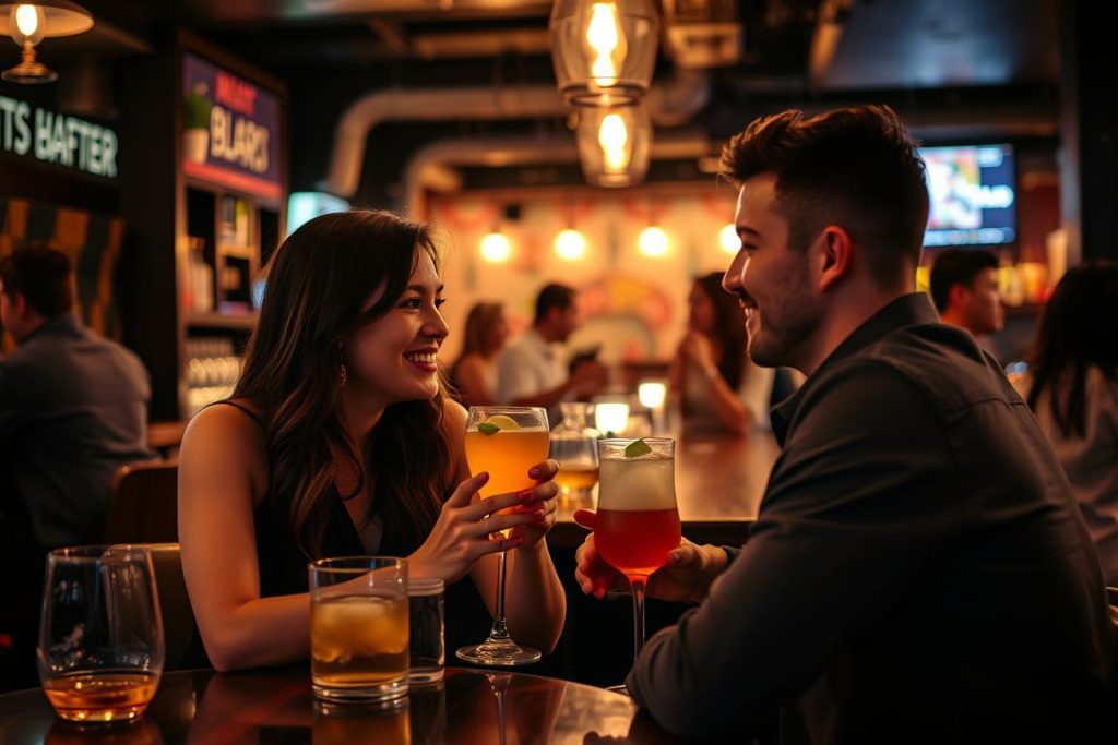 Friends enjoying drinks at a casual Bangkok bar