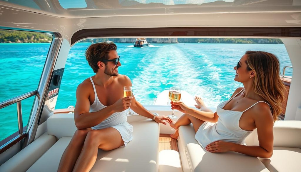 Travelers enjoying private yacht charter in Phuket with champagne