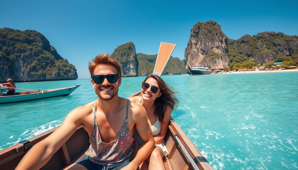 Travelers on longtail boat exploring Phi Phi Islands near Phuket