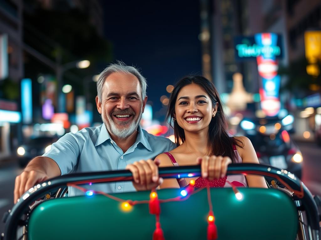 Travelers riding in a tuk-tuk through Bangkok streets