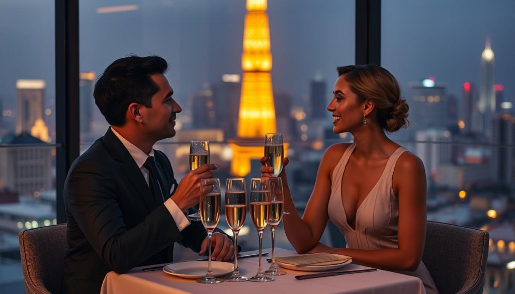 Friends dining at a luxury rooftop restaurant in Bangkok