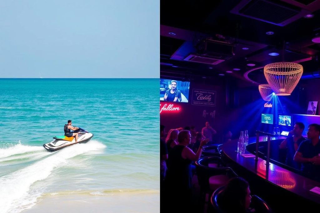Entertainment options in Pattaya showing a beach activity and nightclub setting Entertainment options in Pattaya showing a beach activity and nightclub setting