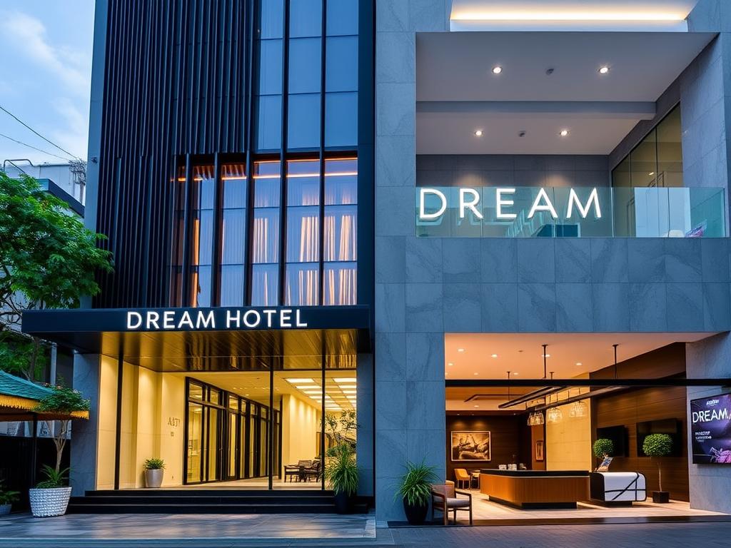 Exterior and lobby of Dream Hotel Bangkok showing its modern design and reception area Exterior and lobby of Dream Hotel Bangkok showing its modern design and reception area