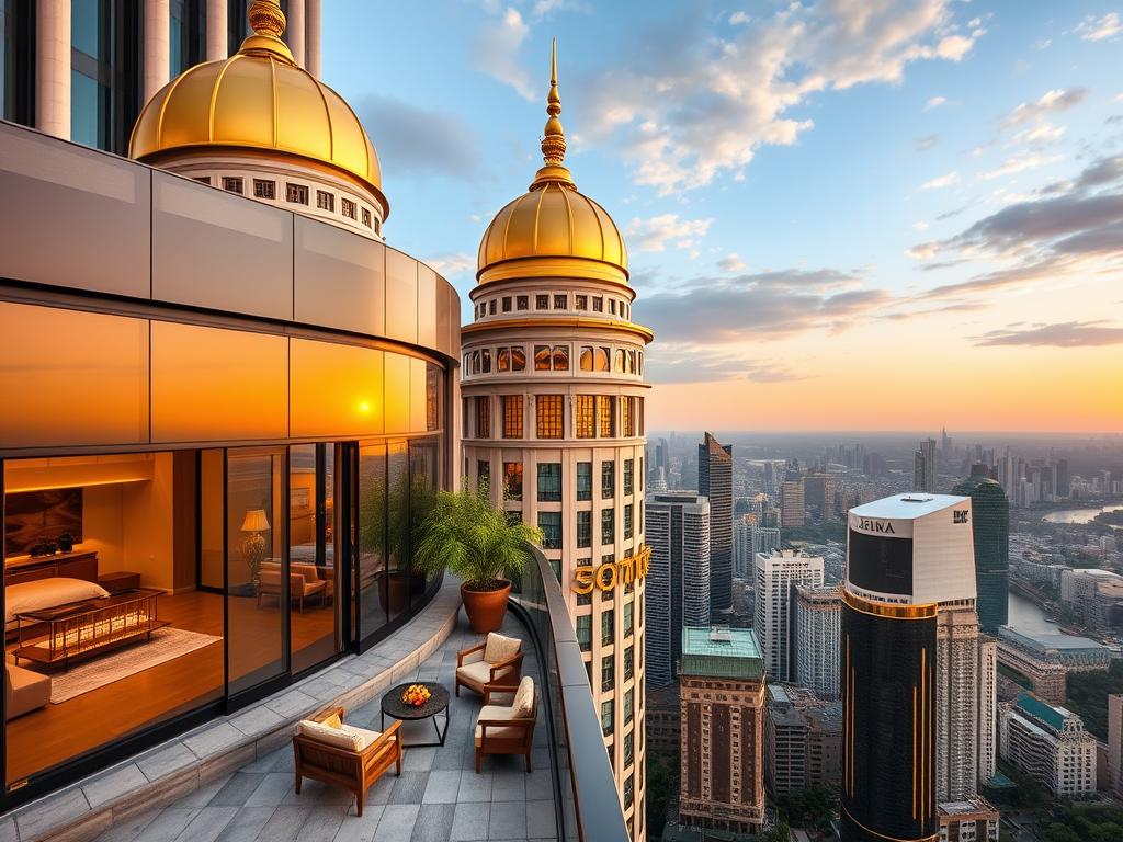 Exterior and penthouse view of Lebua at State Tower showing its luxury facilities and famous Sky Bar Exterior and penthouse view of Lebua at State Tower showing its luxury facilities and famous Sky Bar