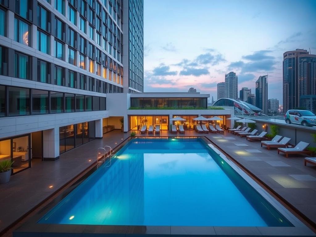 Exterior and pool view of Four Points by Sheraton Bangkok showing its modern facilities near Sukhumvit nightlife Exterior and pool view of Four Points by Sheraton Bangkok showing its modern facilities near Sukhumvit nightlife