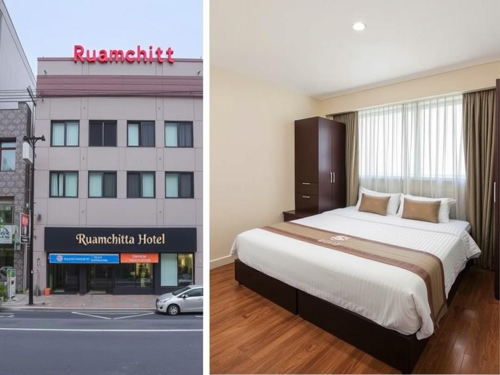 Exterior and room view of Ruamchitt Plaza Hotel showing its convenient location near Nana nightlife Exterior and room view of Ruamchitt Plaza Hotel showing its convenient location near Nana nightlife