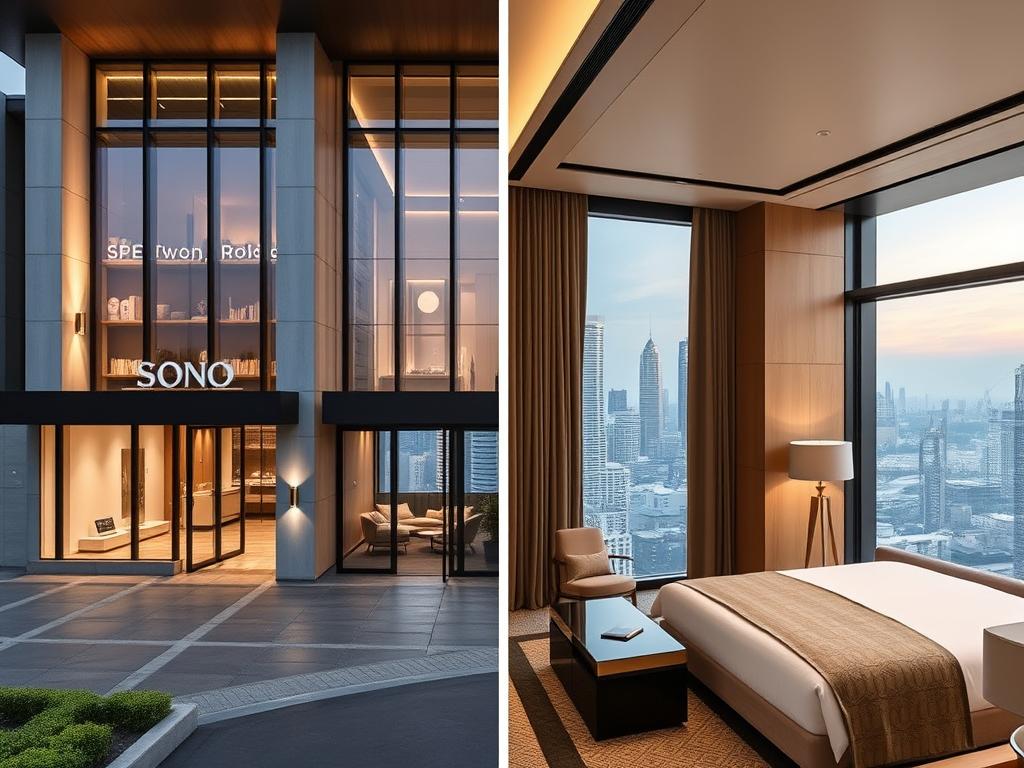 Exterior and suite view of SO/ Bangkok showing its luxury design and proximity to upscale nightlife venues Exterior and suite view of SO/ Bangkok showing its luxury design and proximity to upscale nightlife venues