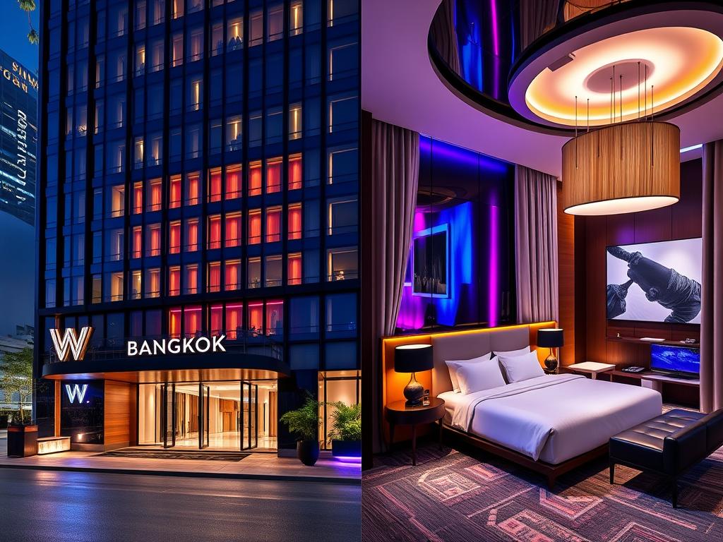 Exterior and suite view of W Bangkok showing its ultra-modern design and luxury amenities Exterior and suite view of W Bangkok showing its ultra-modern design and luxury amenities