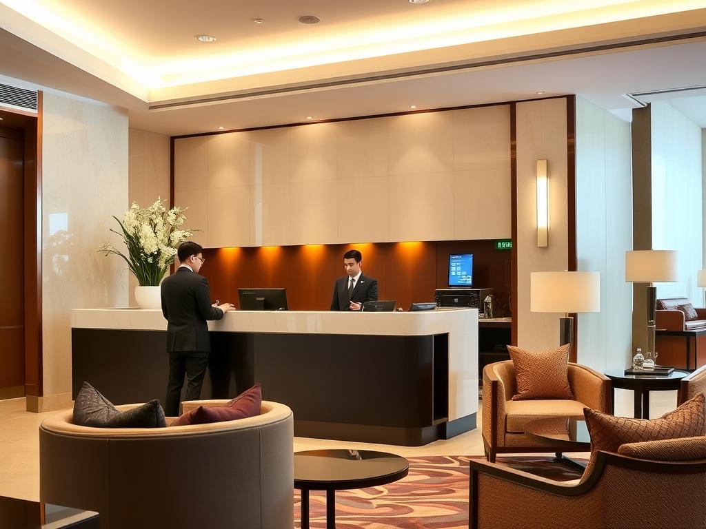 Hotel reception desk with staff assisting guests in Bangkok