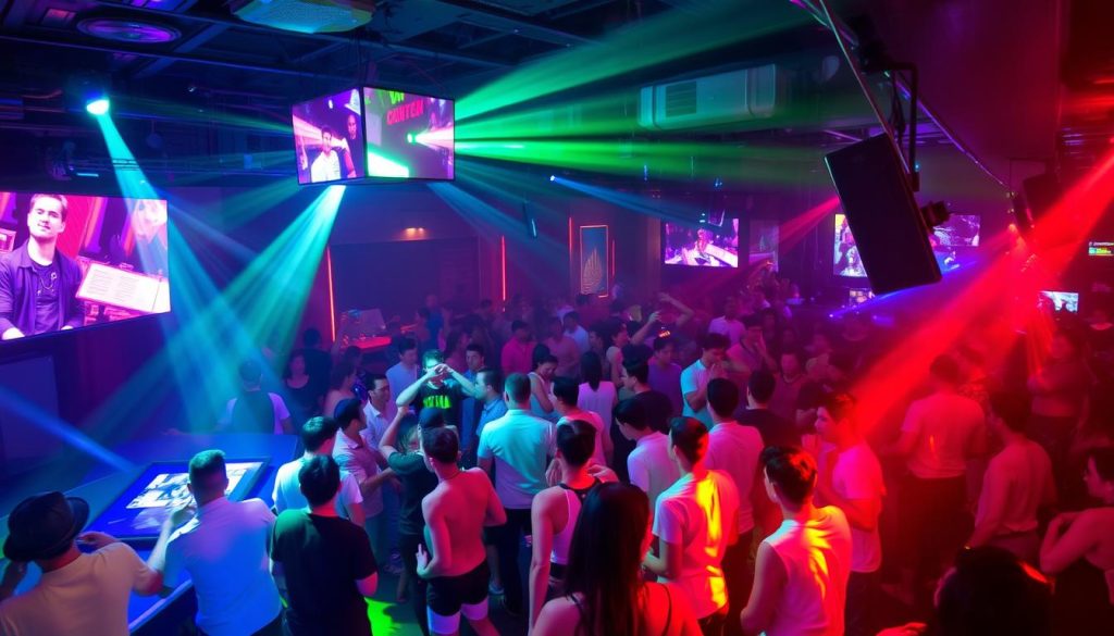 Interior of a popular Phuket nightclub showing the dance floor, lighting, and mixed crowd Interior of a popular Phuket nightclub showing the dance floor, lighting, and mixed crowd
