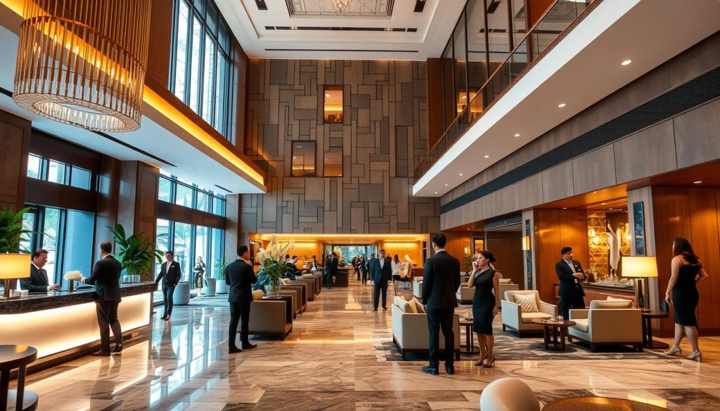 Luxury hotel lobby in Bangkok with elegant decor and reception area