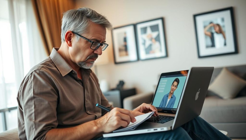 Traveler carefully reviewing information for his trip, representing due diligence when traveling online in Thailand Man reviewing travel info