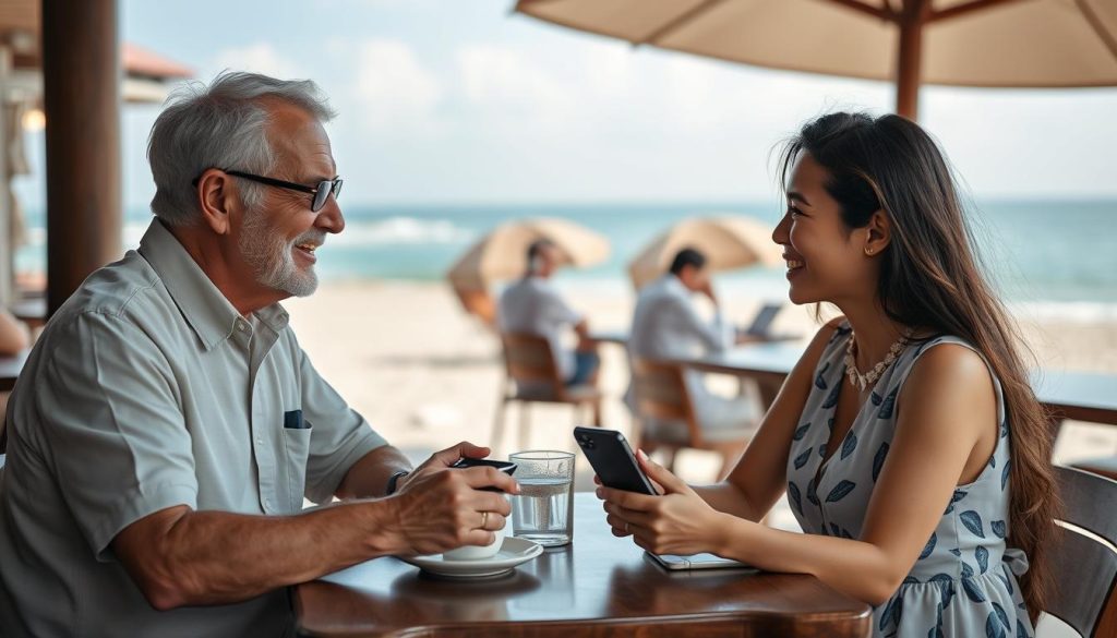 Young travelers enjoying coffee at a Pattaya beachfront cafe after meeting through one of the best travel apps Pattaya offers Travelers enjoying coffee at a Pattaya beachfront cafe