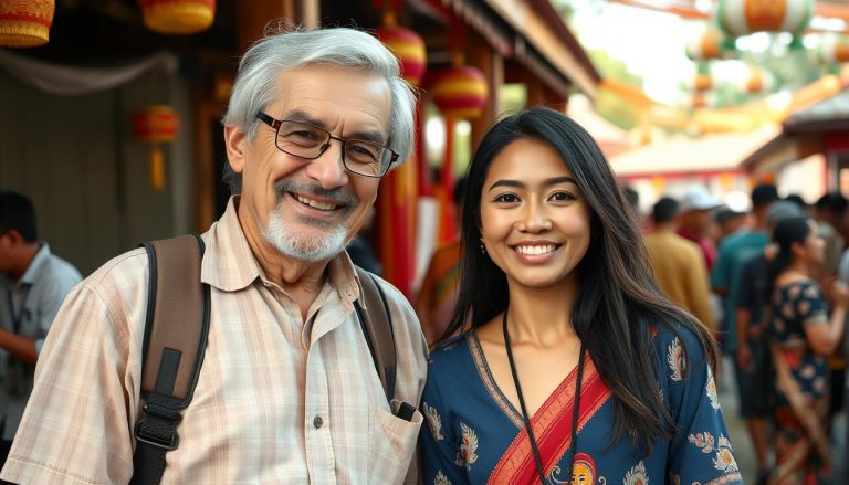 Older Western man and younger Thai woman enjoying a traditional Thai festival together, illustrating cultural acceptance of age-gap relationships