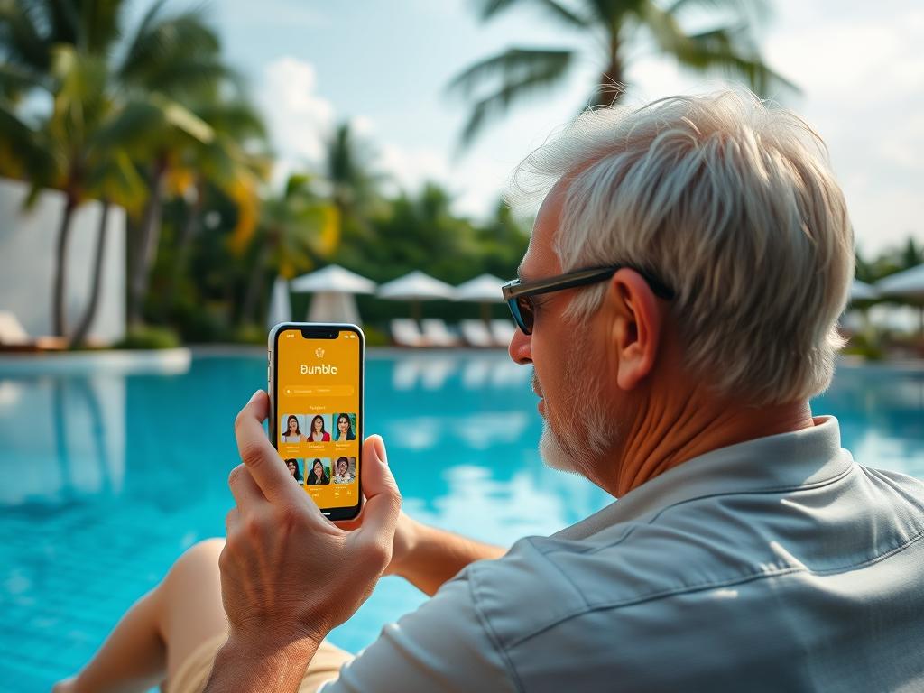 Person using Bumble app on smartphone at a Phuket resort best dating apps in phuket for meeting younger women