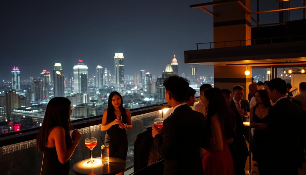 Sophisticated rooftop bar in Ho Chi Minh City with young Vietnamese professionals socializing Ho Chi Minh City nightlife
