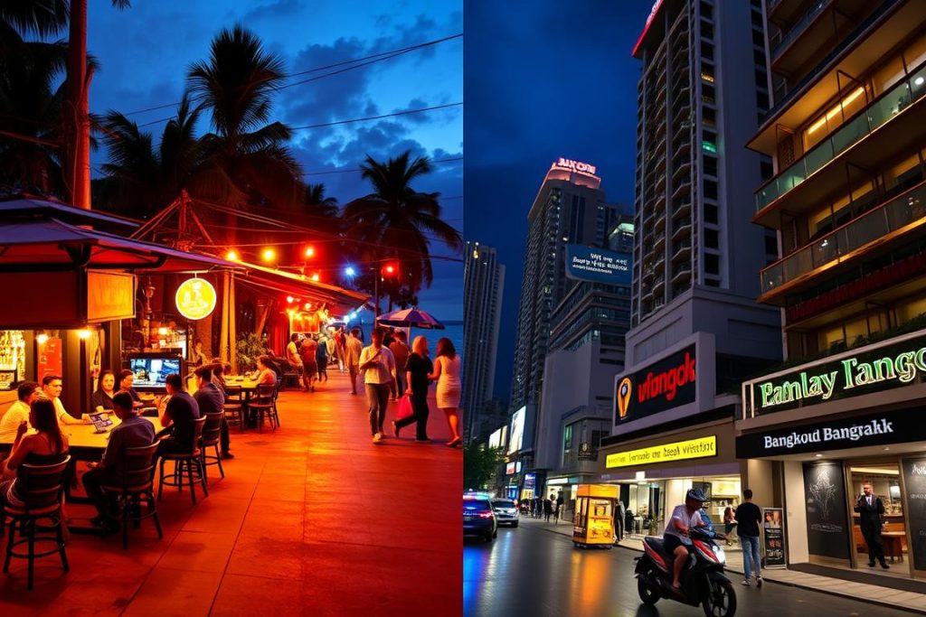 Split image comparing Pattaya Beach Road nightlife with Bangkok Sukhumvit nightlife, highlighting differences in the social scenes for meeting people