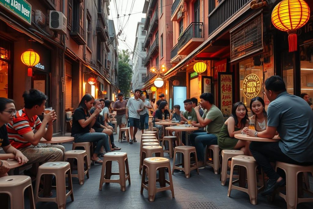 Ta Hien Beer Street in Hanoi's Old Quarter showing the lively evening atmosphere Beer street