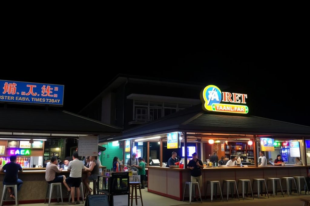 Typical beer bar complex in Patong with outdoor seating and colorful lighting Typical beer bar complex in Patong with outdoor seating and colorful lighting