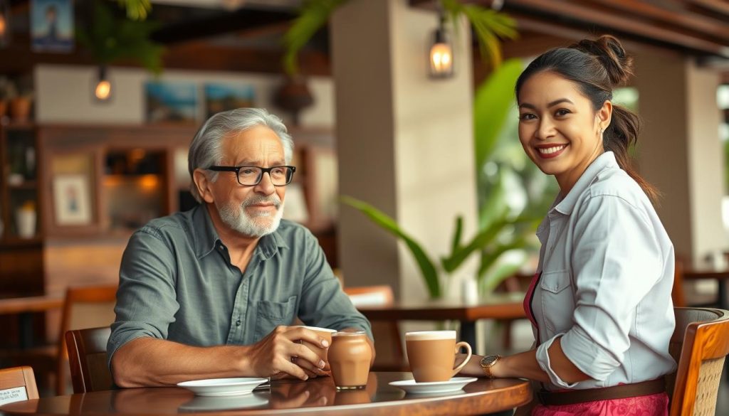 Western man and Thai woman meeting at upscale Phuket cafe for first date best dating apps in phuket for meeting younger women