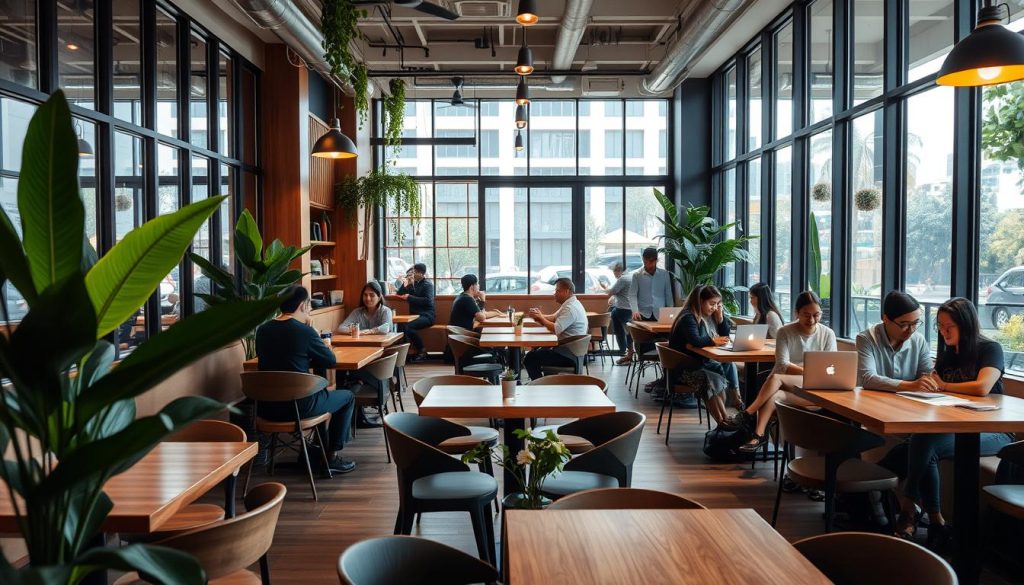 A modern coffee shop in Jakarta with young travelers working and socializing, ideal for meeting new people A modern coffee shop in Jakarta with young travelers working and socializing