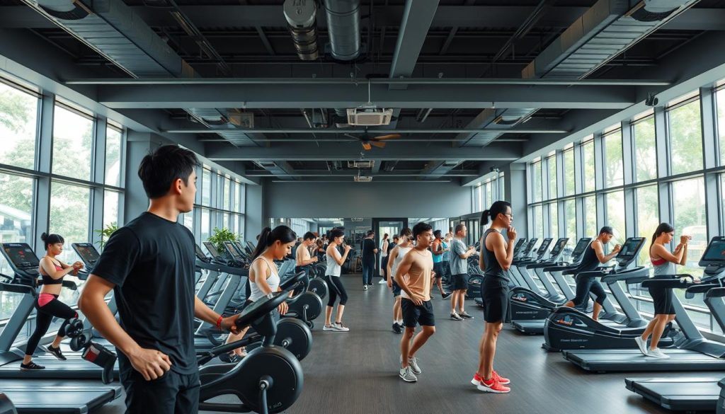 A modern fitness center in Jakarta with people exercising, a natural setting for meeting new people A modern fitness center in Jakarta with people exercising