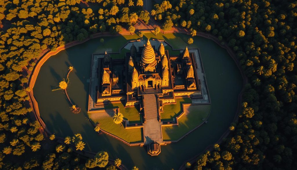 Aerial view of Angkor Wat temple complex from helicopter Aerial view of Angkor Wat temple complex from helicopter