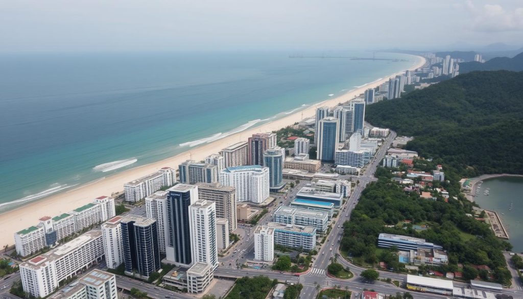 Aerial view of Patong Beach area in Phuket showing hostels near social venues Aerial view of Patong Beach area in Phuket showing hostels near social venues