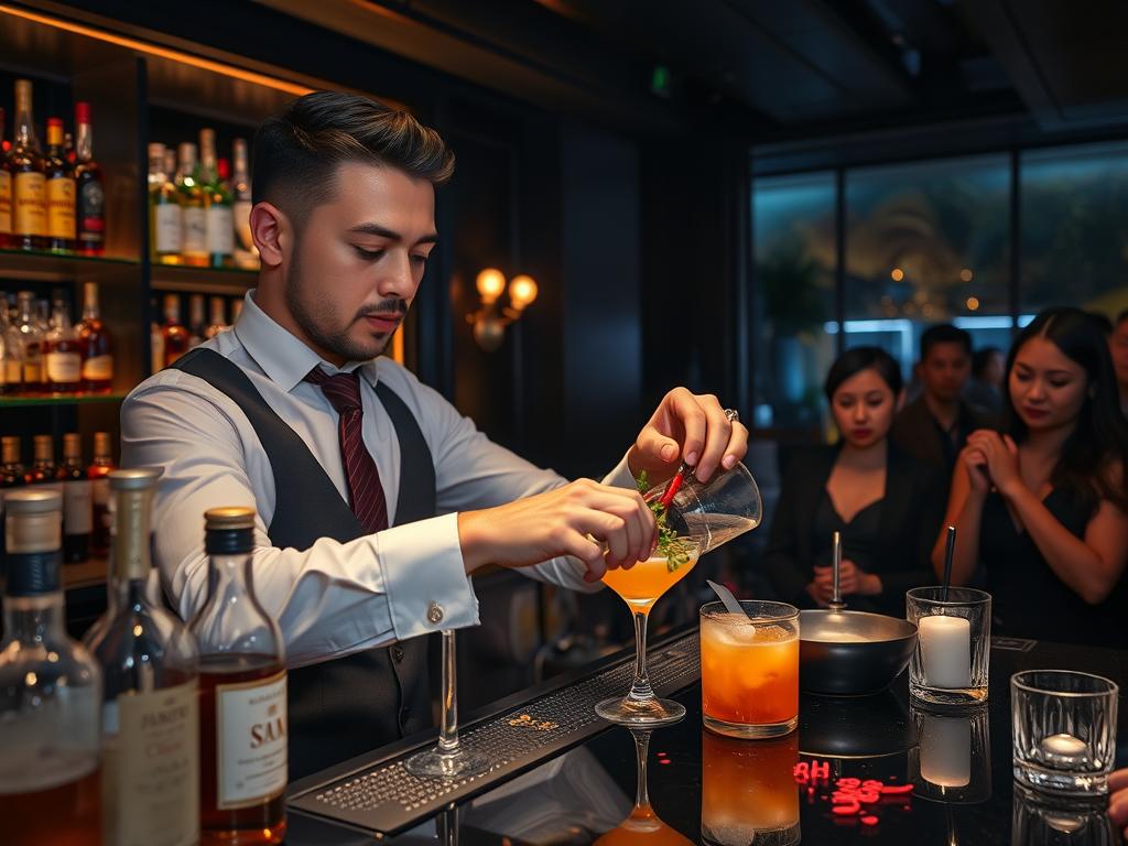 Bartender creating craft cocktails at an upscale Manila bar with patrons watching