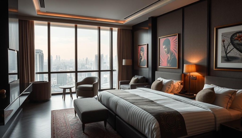 Boutique hotel room in Manila with stylish decor and city view