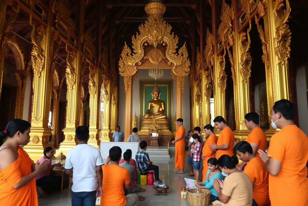 Buddhist temple in Cambodia with monks and devotees showing the influence of Buddhism on Cambodian culture Cambodian culture for young travelers