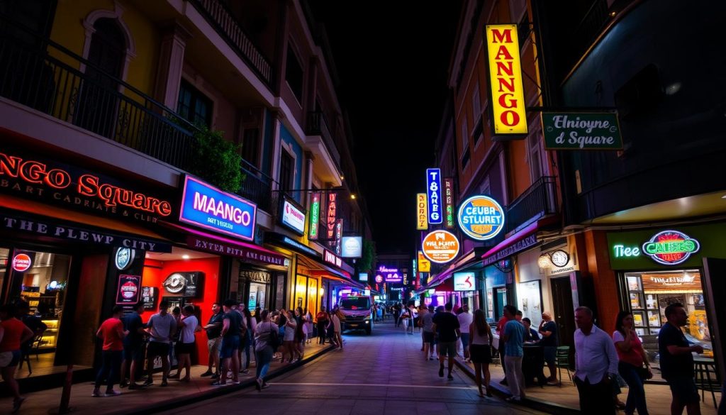 Bustling night scene at Mango Square in Cebu with illuminated venues and people socializing