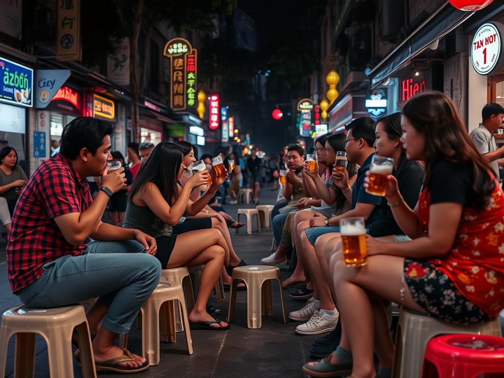 Close-up of people enjoying bia hoi on plastic stools on Ta Hien Street