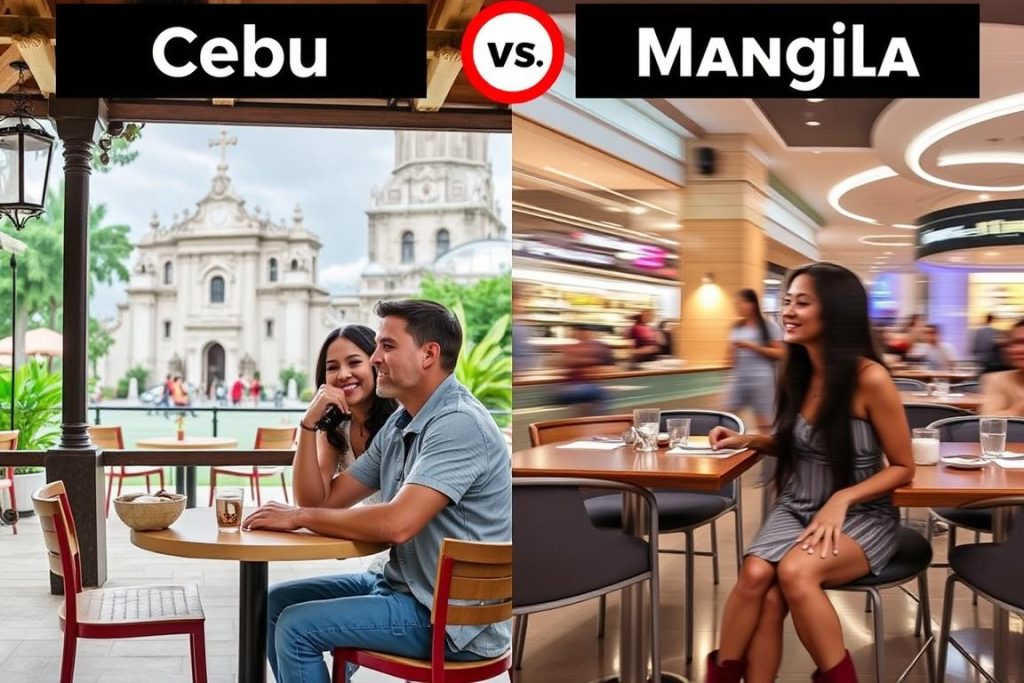 Comparison of social scenes in Cebu and Manila showing the more relaxed pace in Cebu