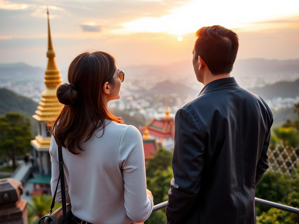 Young travelers at Doi Suthep temple overlooking Chiang Mai at sunset