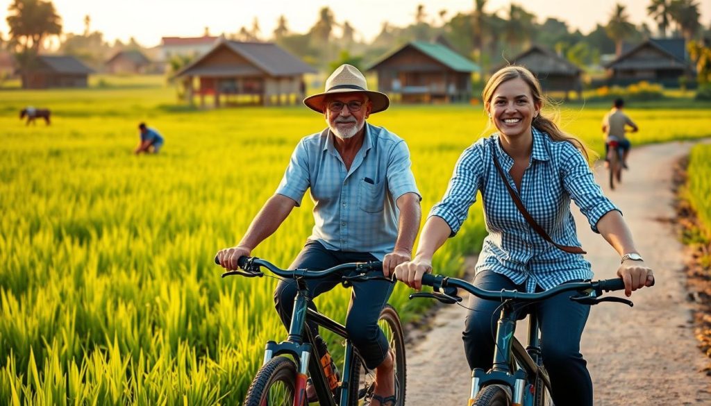Travelers cycling through rice fields near Siem Reap Travelers cycling through rice fields near Siem Reap